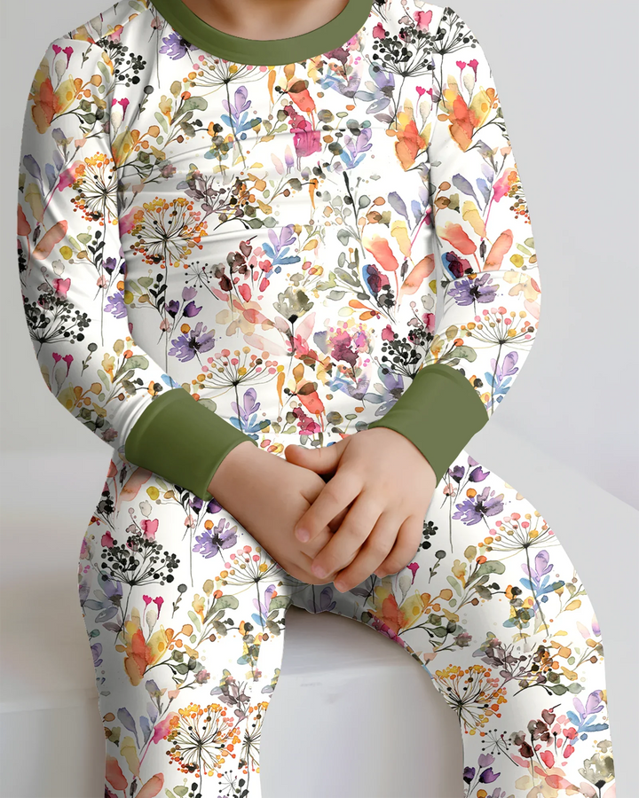 Wildflower Watercolor Garden Bamboo Two Piece Long Sleeve Pajama Set