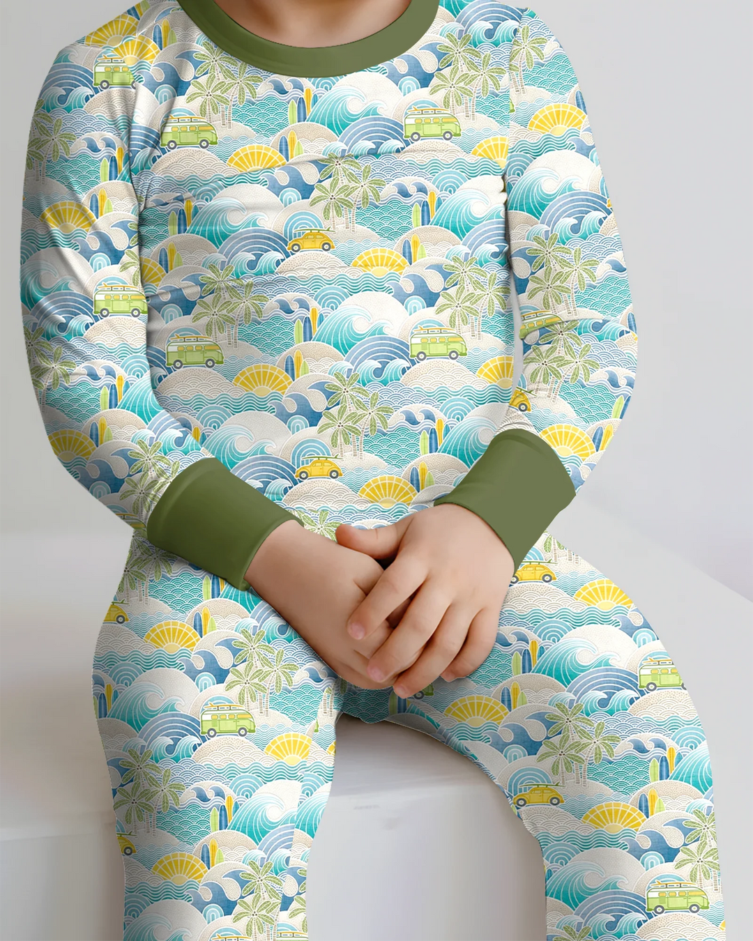 Conjunto de pijama de dos piezas de manga larga de bambú con olas y olas para viaje por la costa