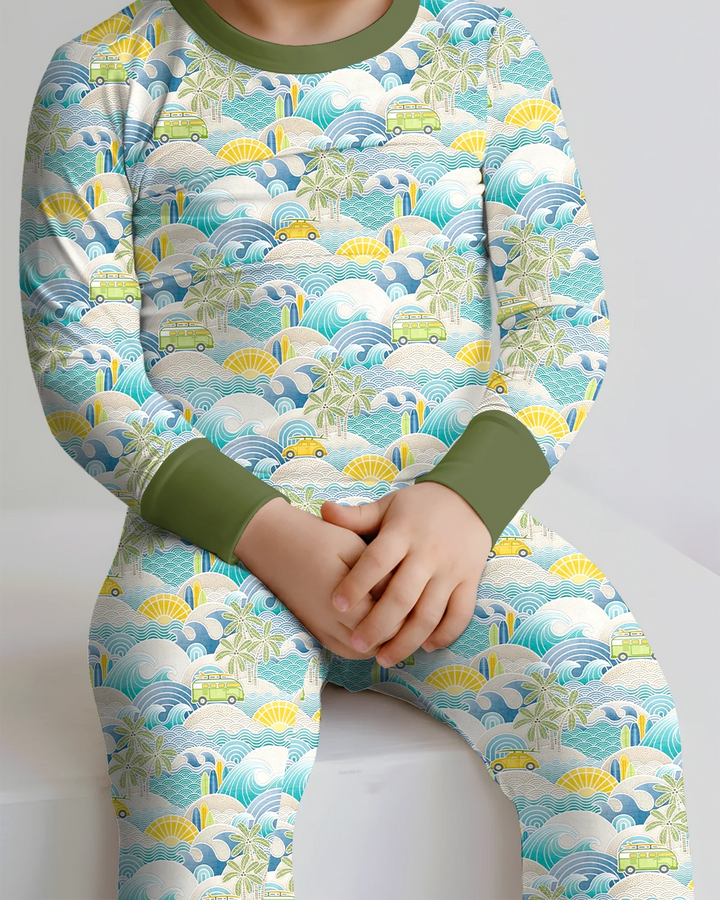 Conjunto de pijama de dos piezas de manga larga de bambú con olas y olas para viaje por la costa
