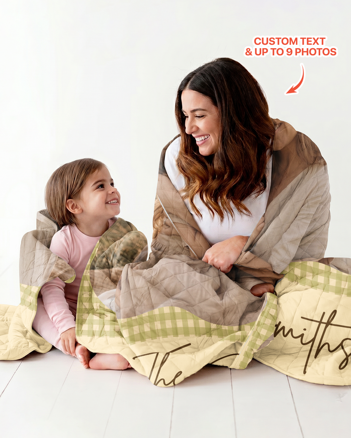 Custom Photo Gingham Family Bamboo Quilt Blanket