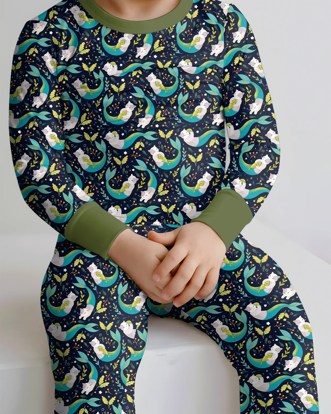 Pijama de dos piezas de bambú de manga larga Midnight Mermaid Cats