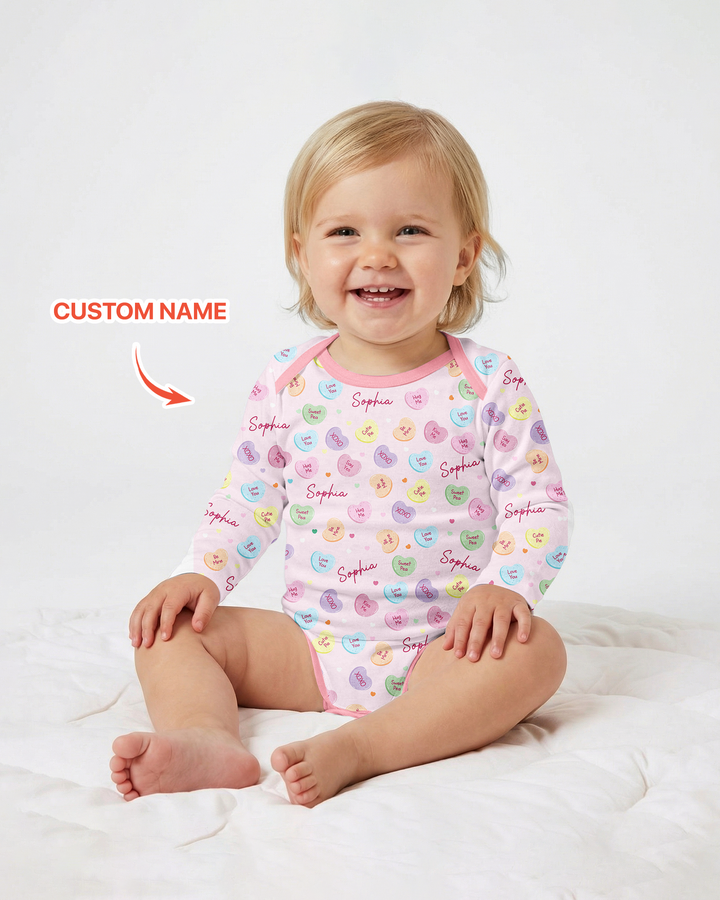 Custom Name Colorful Candy Hearts Family Matching Bamboo Bodysuit
