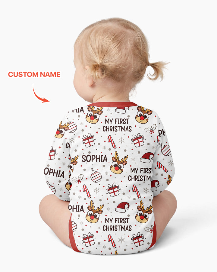Custom Name Reindeer Doodle My First Christmas Bamboo Bodysuit