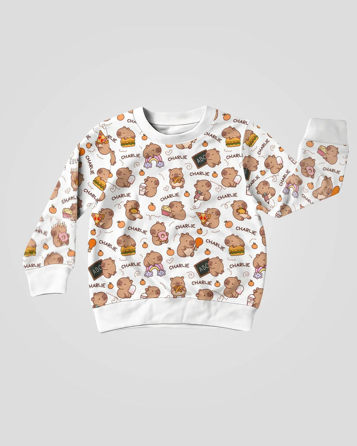 Sudadera de cuello redondo de bambú con capibara adorable y nombre personalizado