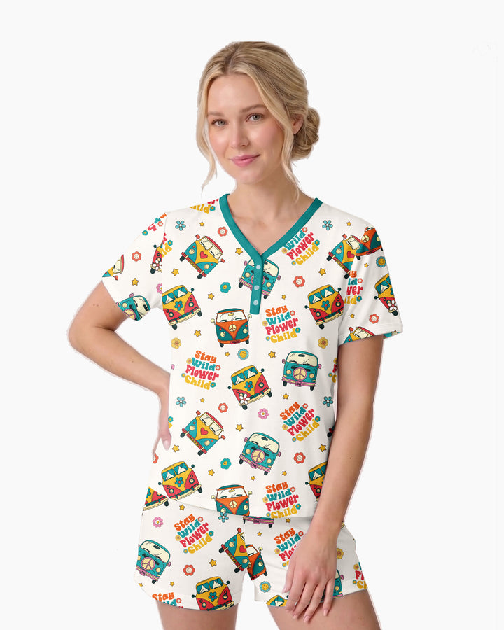 Stay Wild Flower Child Bamboo Women Short Sleeve Short Pajama Set