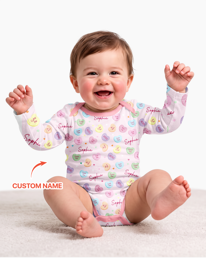 Custom Name Colorful Candy Hearts Family Matching Bamboo Bodysuit