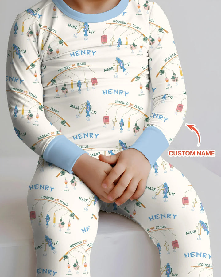 Hooked On Jesus Fishing Matching Bamboo Two Piece Long Sleeve Pajama Set