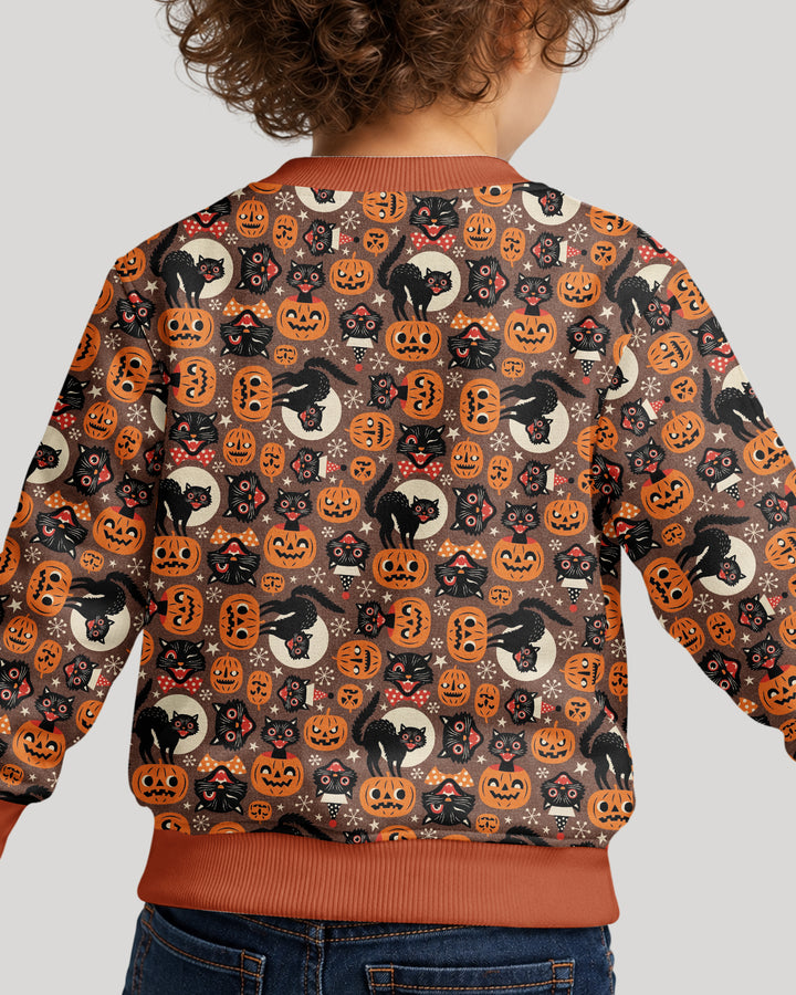 Vintage Halloween Black Cat Pumpkin Bamboo Crewneck Sweatshirt