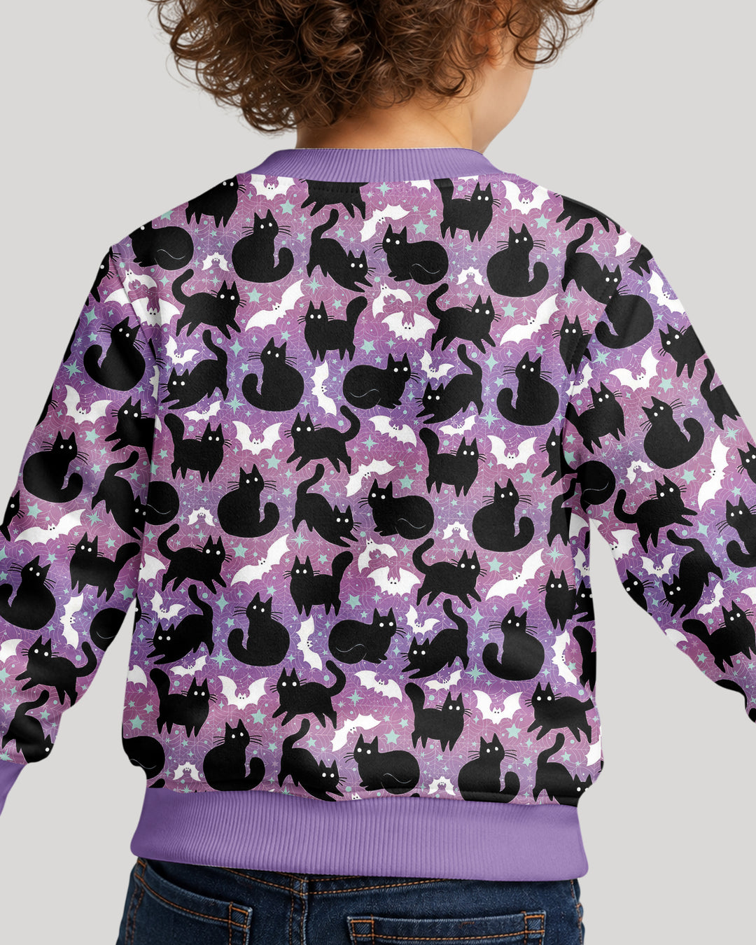 Spooky Black Cat Halloween Purple Bats Bamboo Crewneck Sweatshirt