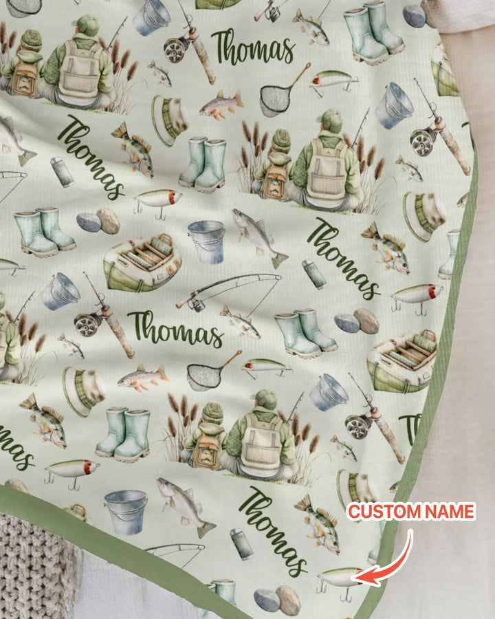 Custom Name Fishing Day Daddy & Me Matching Bamboo Blanket