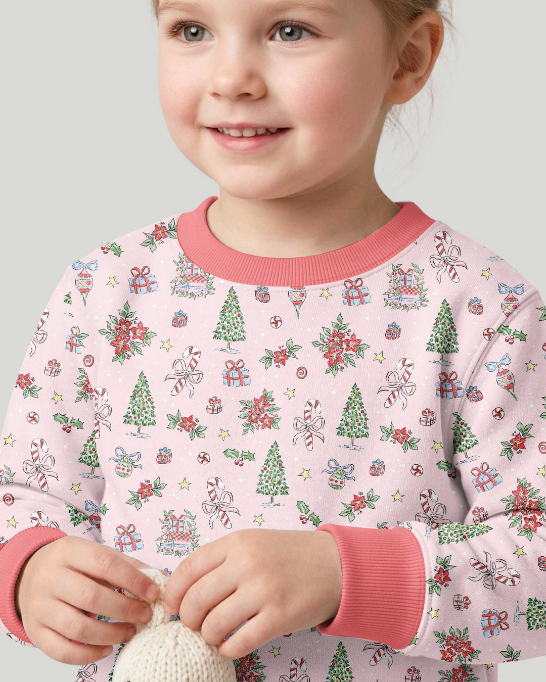 Watercolor Pink Christmas Holidays Christmas Tree Gifts Candy Cane Bamboo Crewneck Sweatshirt