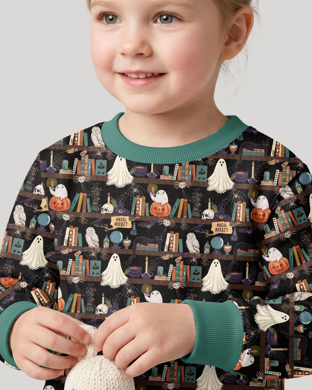 Cute Ghost Witchy Halloween Magic Library Bamboo Crewneck Sweatshirt
