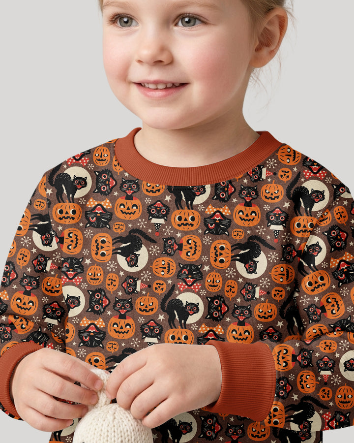 Vintage Halloween Black Cat Pumpkin Bamboo Crewneck Sweatshirt