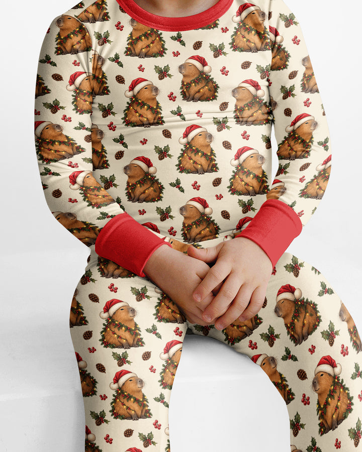 Cozy Christmas Capybara Bamboo Two Piece Long Sleeve Pajama Set