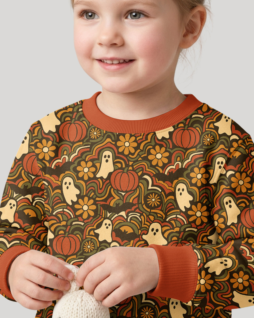 Retro Halloween Ghost Pumpkin Floral Bamboo Crewneck Sweatshirt