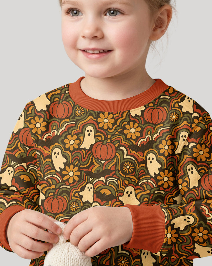 Retro Halloween Ghost Pumpkin Floral Bamboo Crewneck Sweatshirt