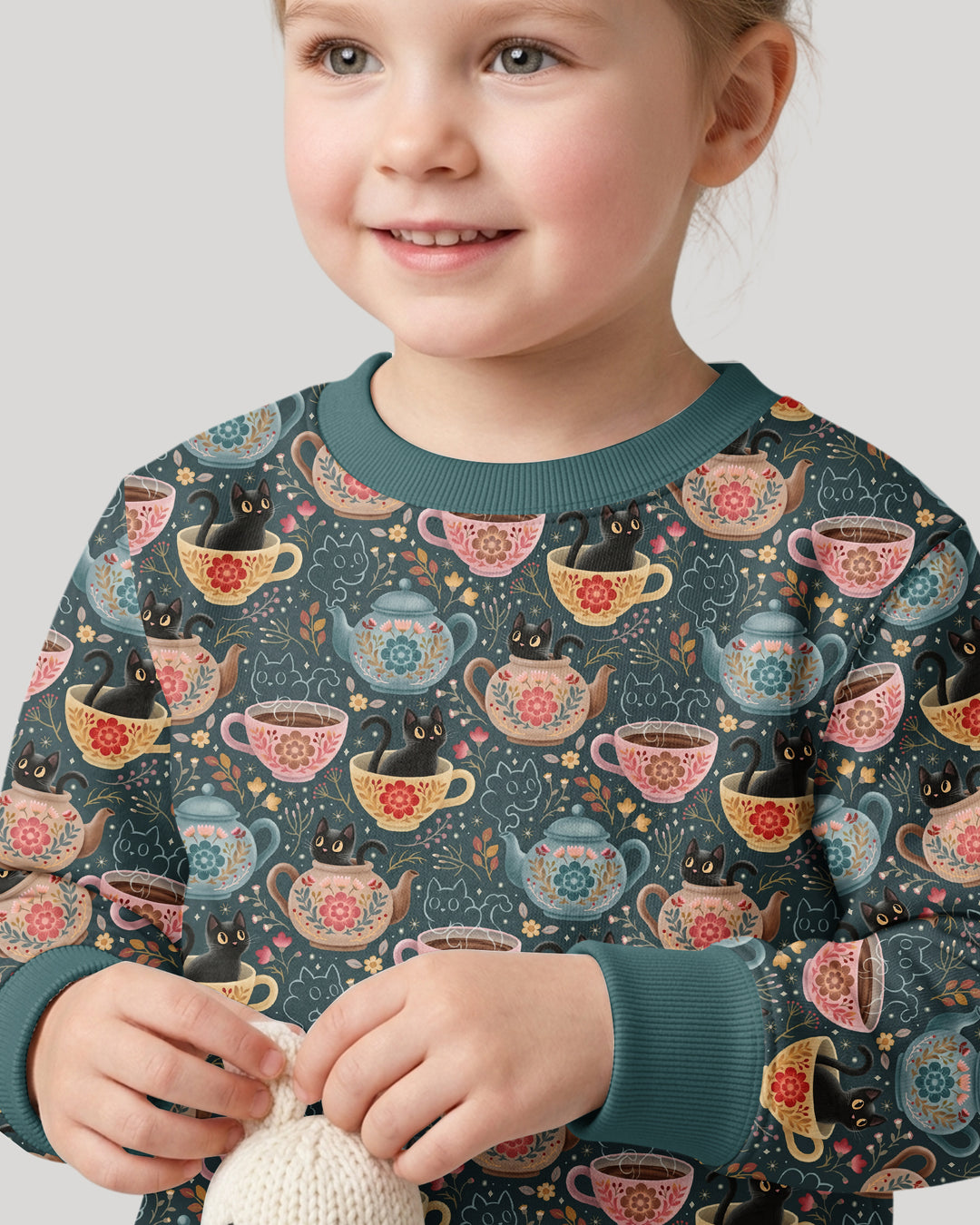 Folk Floral Black Cat Tea Party Bamboo Crewneck Sweatshirt
