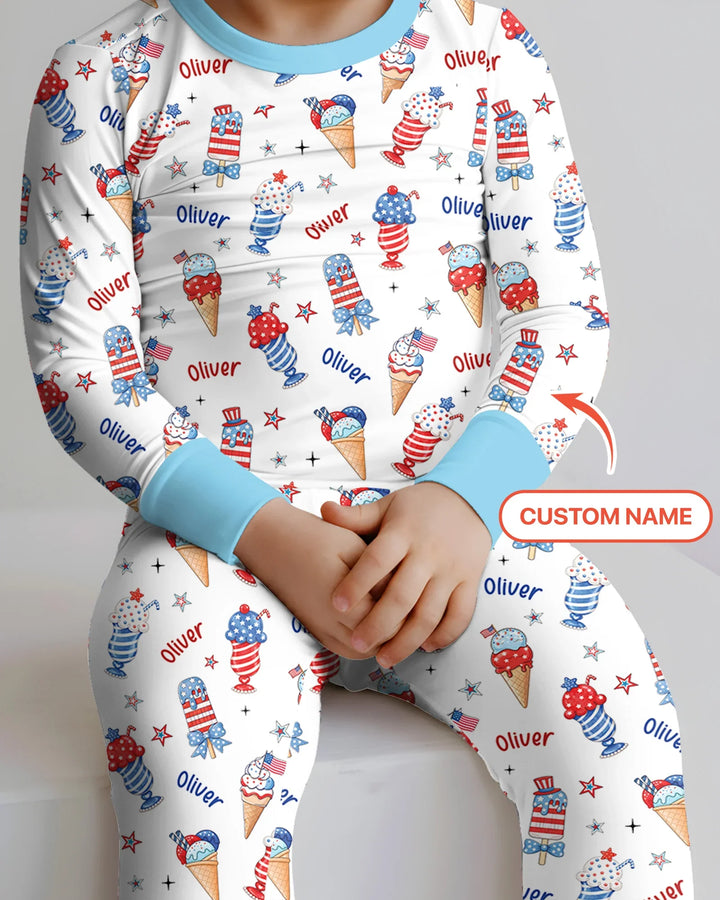 Custom Name Red, White & Ice Cream Bamboo Two Piece Long Sleeve Pajama Set