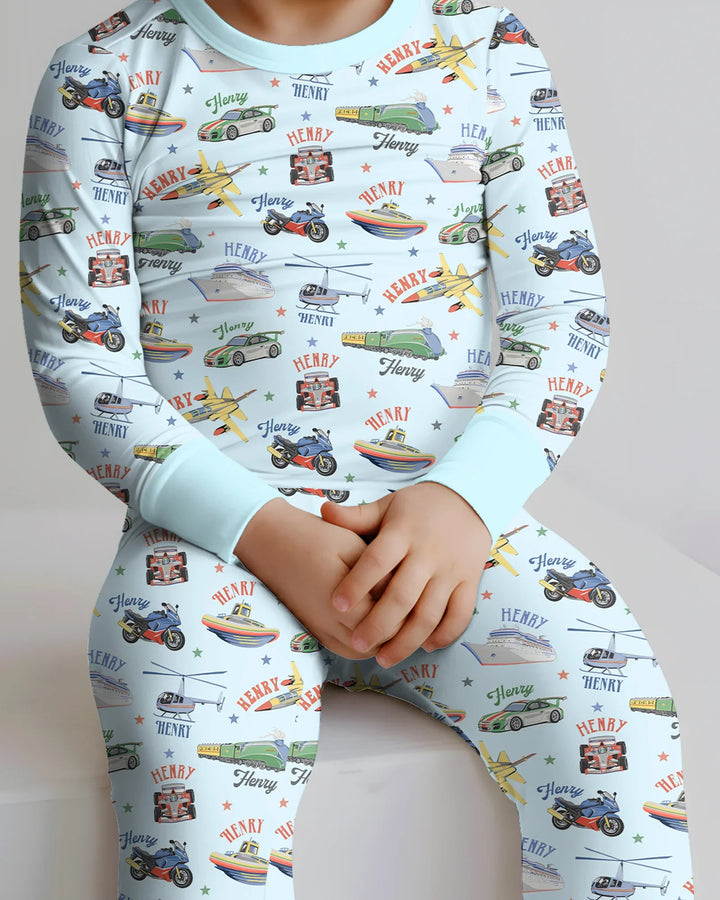 Fast Lane Custom Name Daddy & Me Matching Bamboo Two Piece Long Sleeve Pajama Set