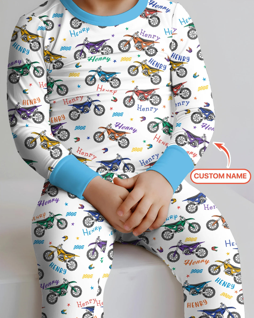 Dirt Track Dreamer Custom Name Daddy & Me Matching Bamboo Two Piece Long Sleeve Pajama Set