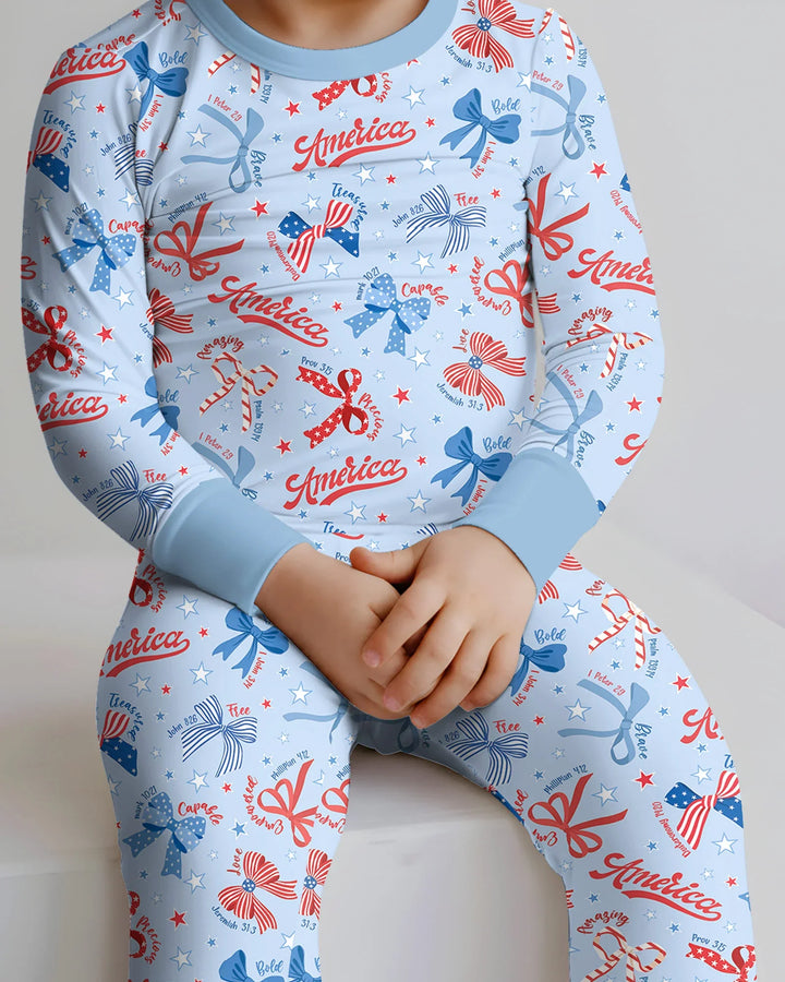 Pijama de dos piezas de manga larga de bambú con temática patriótica para niña