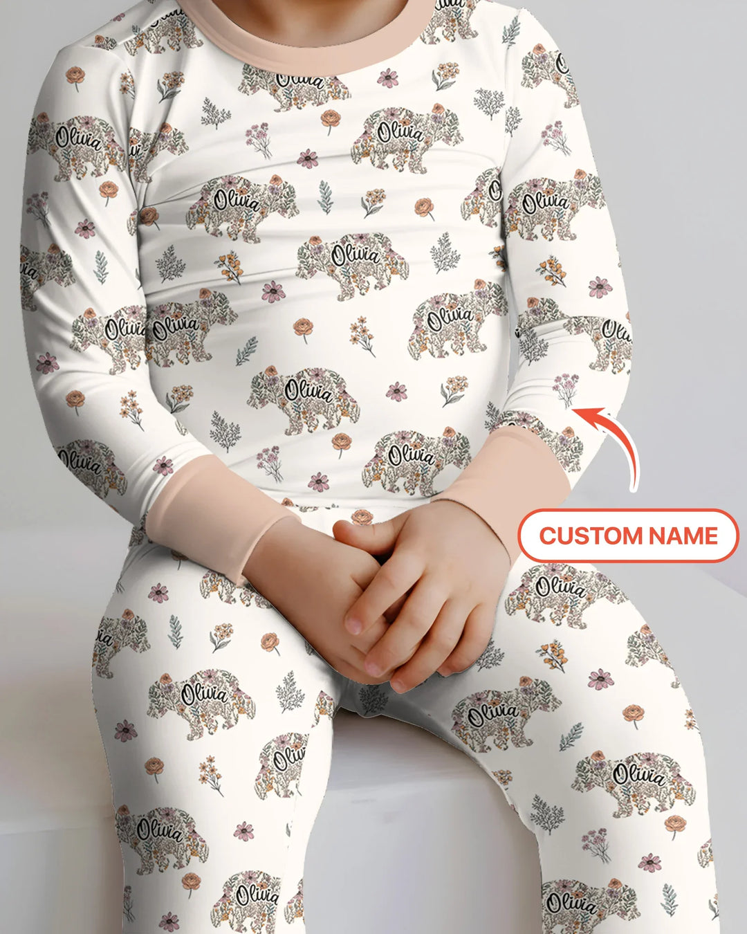 Custom Name Floral Bear Family Matching Bamboo Two Piece Long Sleeve Pajama Set