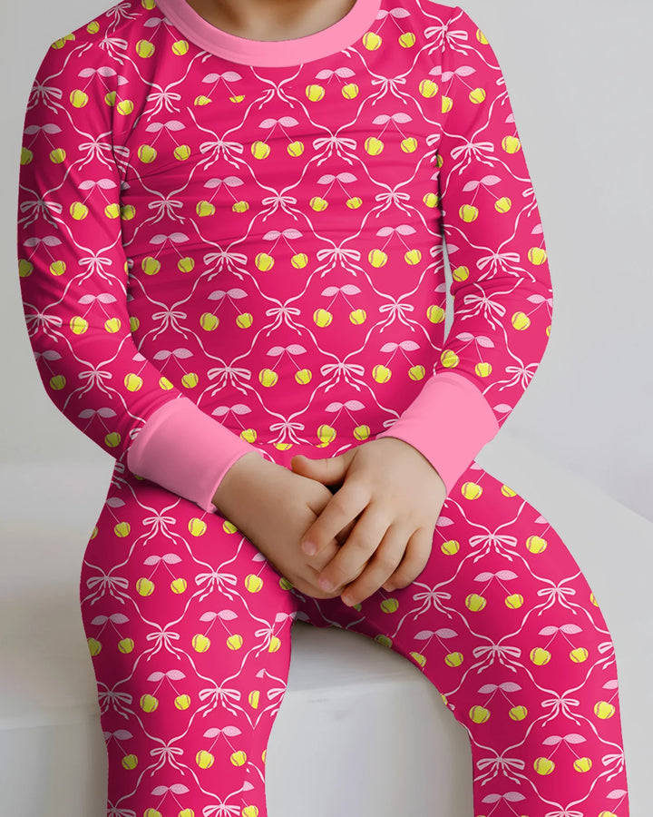 Cherry Baseball Softball Mom and Girl Matching Bamboo Two Piece Long Sleeve Pajama Set
