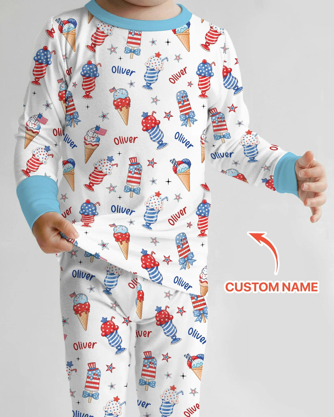 Custom Name Red, White & Ice Cream Bamboo Two Piece Long Sleeve Pajama Set