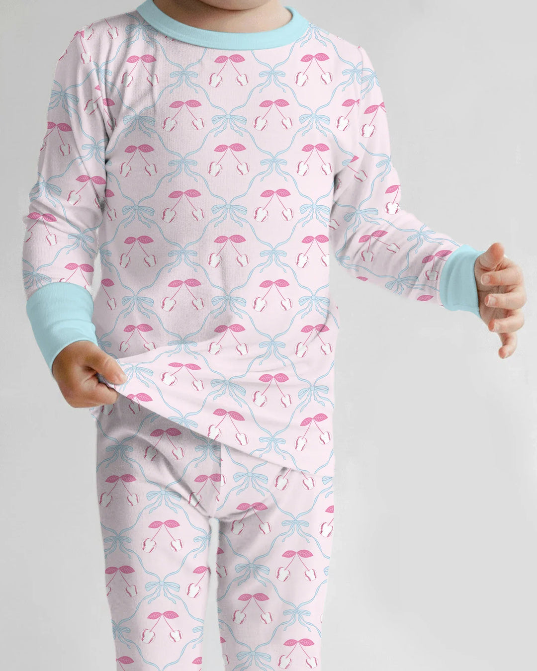 Cherry Baseball Softball Mom and Girl Matching Bamboo Two Piece Long Sleeve Pajama Set