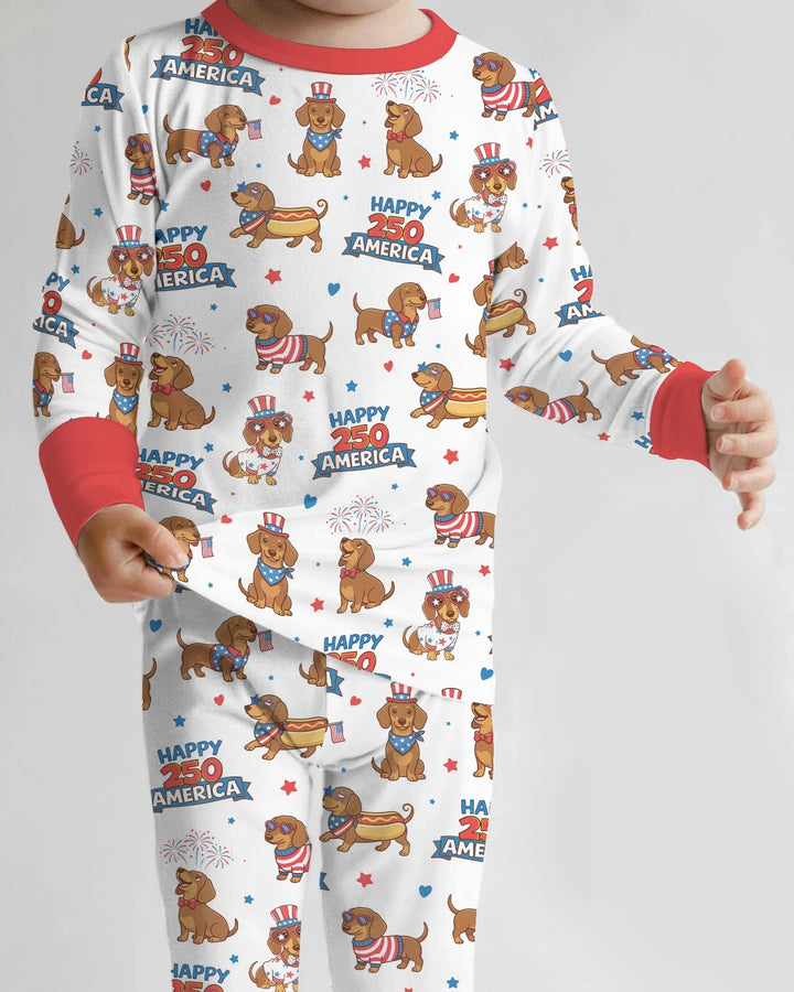 Red, White & Wiener Bamboo Two Piece Long Sleeve Pajama Set