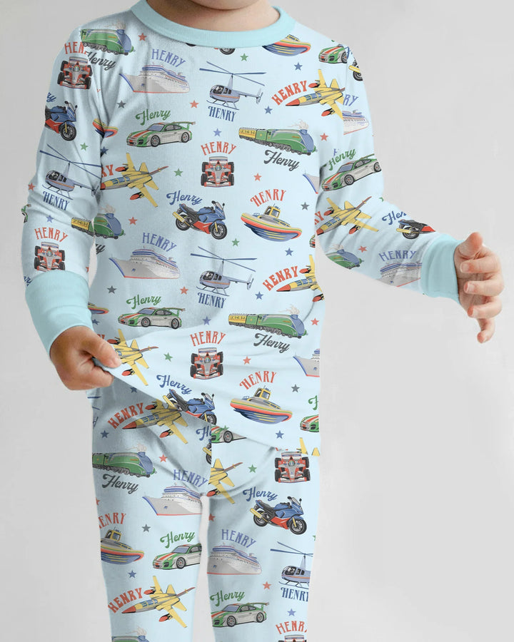 Fast Lane Custom Name Daddy & Me Matching Bamboo Two Piece Long Sleeve Pajama Set