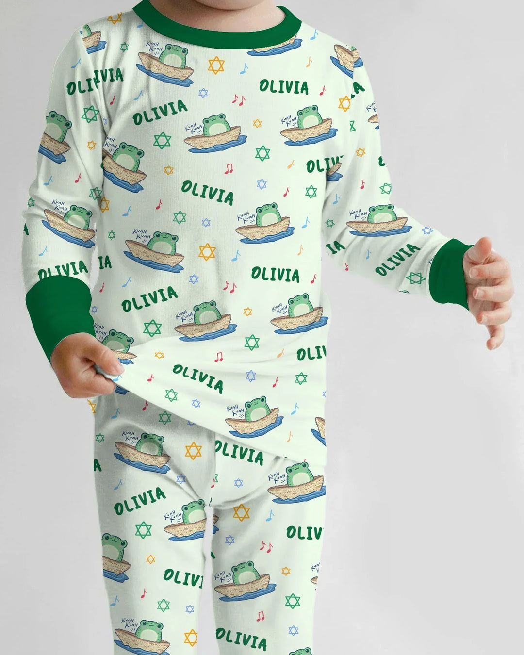 Frogs Here, Frogs There Passover Custom Name Two Piece Long Sleeve Pajama Set