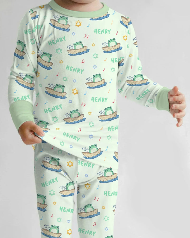 Frogs Here, Frogs There Passover Custom Name Two Piece Long Sleeve Pajama Set