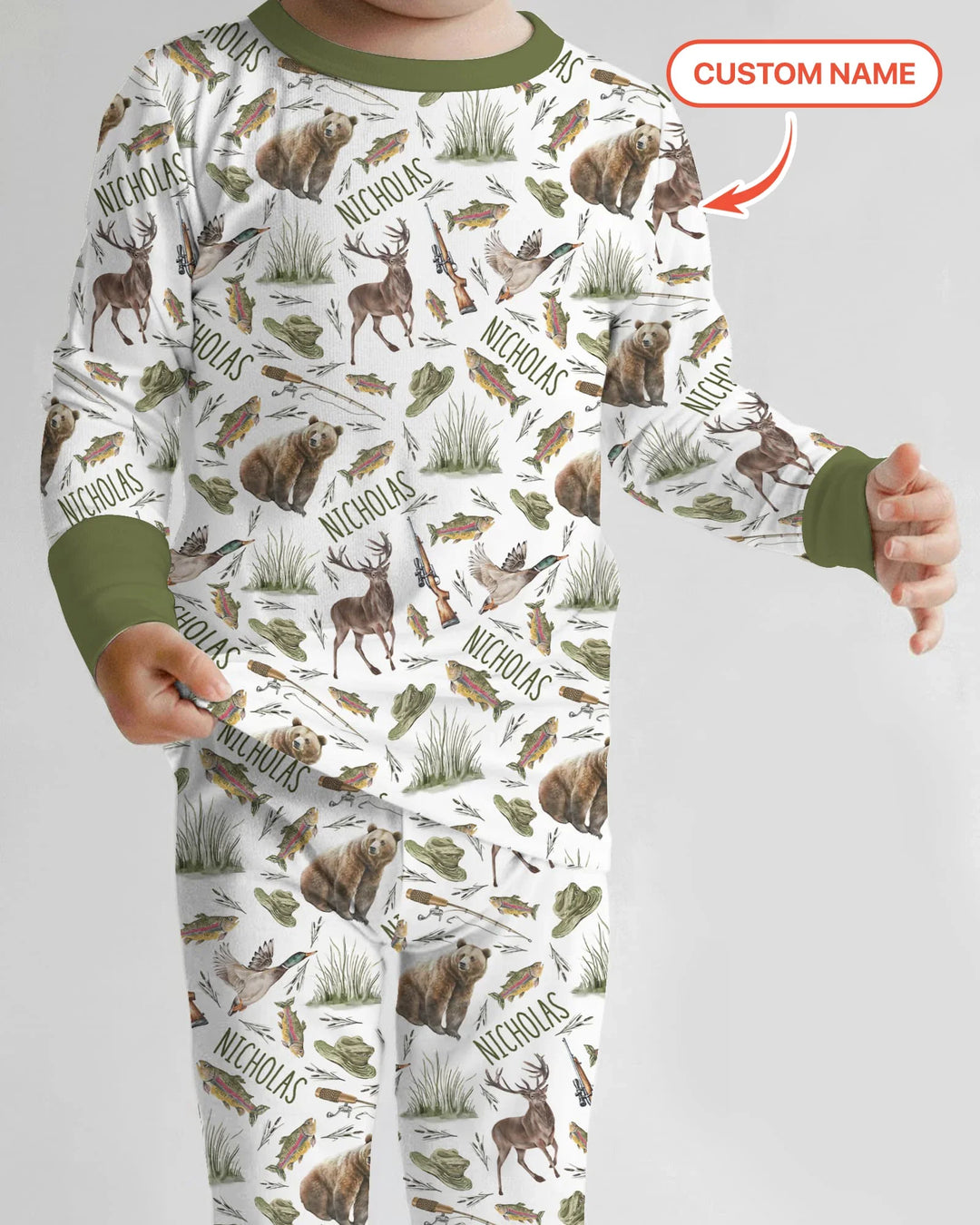 Custom Name Little Hunter Bamboo Two Piece Long Sleeve Pajama Set