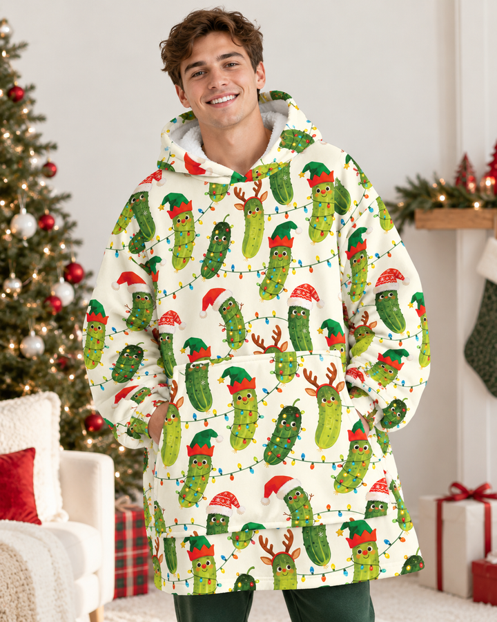 Cheerful Christmas Pickle Blanket Hoodie