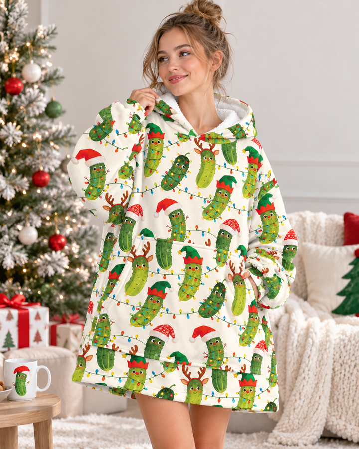 Cheerful Christmas Pickle Blanket Hoodie
