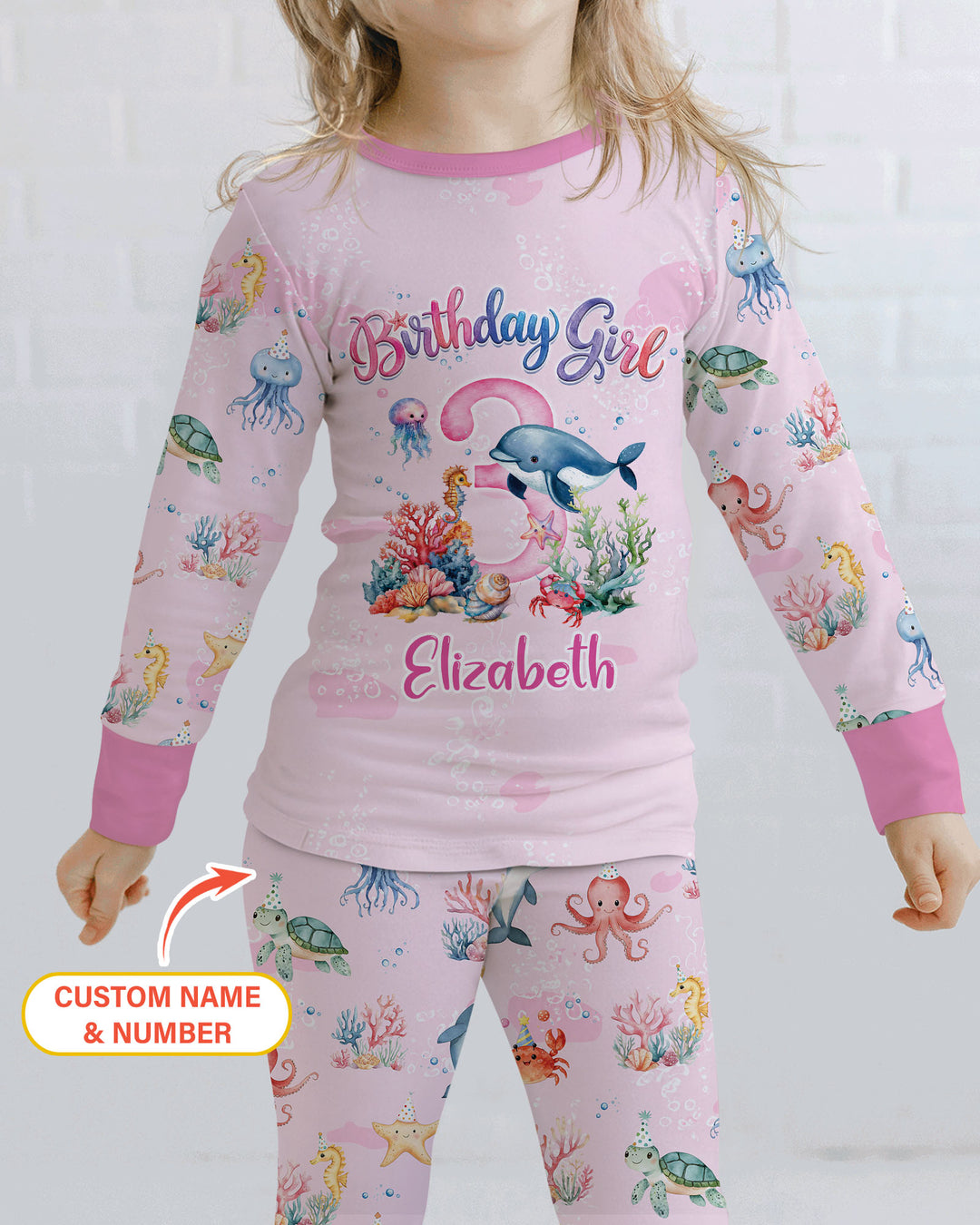 Under the Sea Birthday Custom Name & Age Bamboo Two Piece Long Sleeve Pajama Set