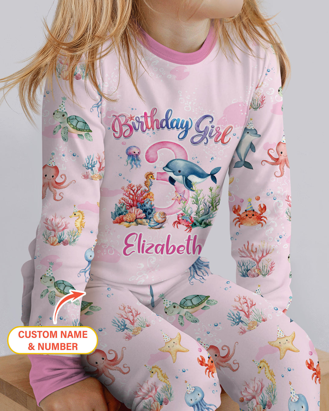 Under the Sea Birthday Custom Name & Age Bamboo Two Piece Long Sleeve Pajama Set