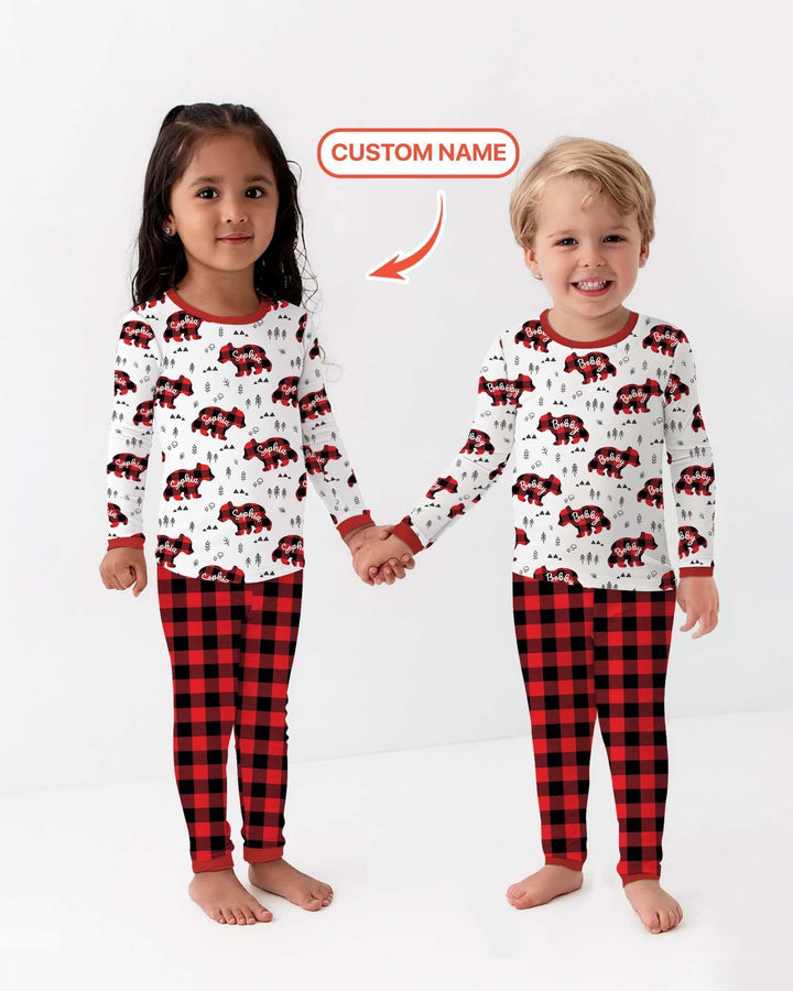 Custom Name Family Bear Matching Bamboo Two Piece Long Sleeve Pajama Set