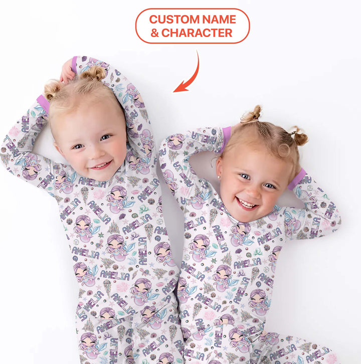 Custom Name Doodle Little Mermaid Two Piece Long Sleeve Pajama Set