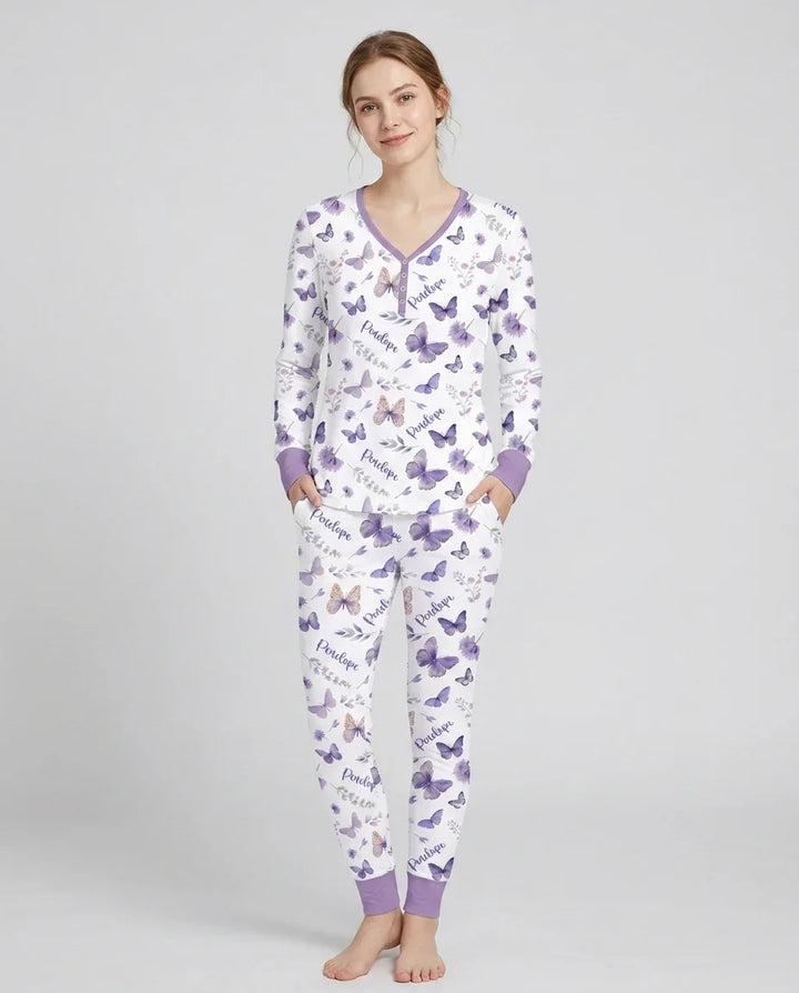 Custom Name Lilac Bloom Bamboo Women Pajama Set