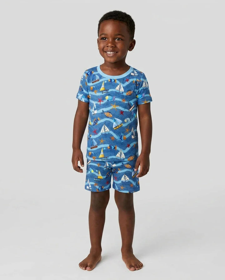 Conjunto de pijama de dos piezas de bambú, manga corta y pantalón corto, a juego para la familia Blue Sail La Vie