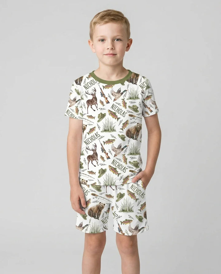 Custom Name Little Hunter Bamboo Two Piece Short Sleeve Shorts Pajama Set