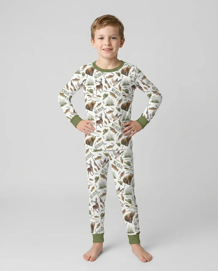 Custom Name Little Hunter Bamboo Two Piece Long Sleeve Pajama Set