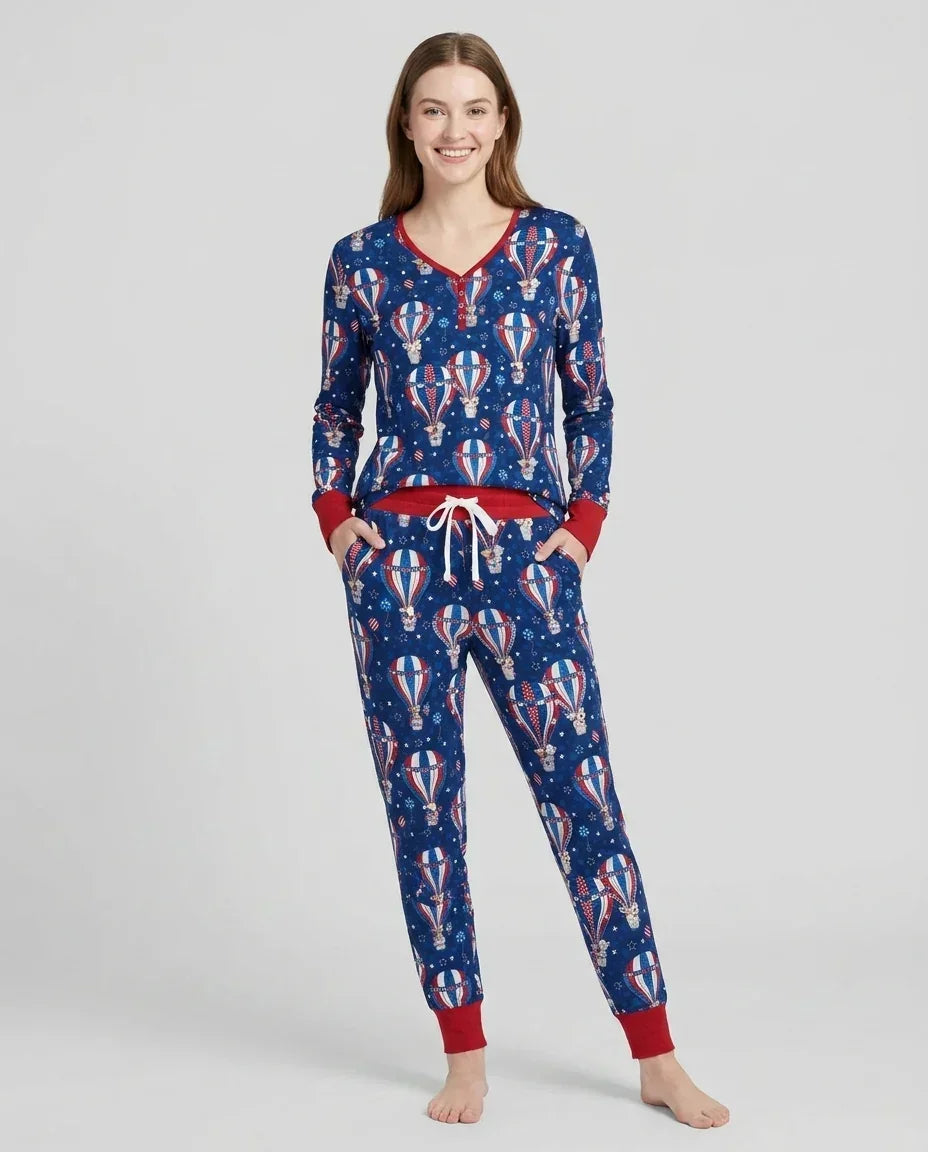 Conjunto de pijama de bambú para mujer a juego con la familia, diseño de cachorros patrióticos en globos aerostáticos
