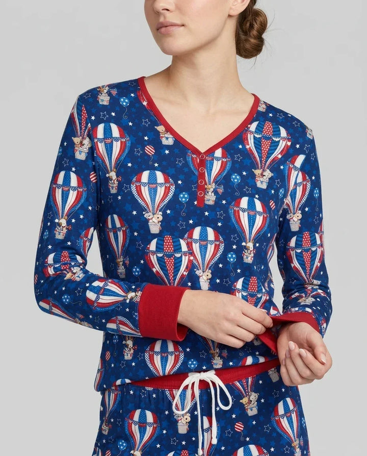 Conjunto de pijama de bambú para mujer a juego con la familia, diseño de cachorros patrióticos en globos aerostáticos