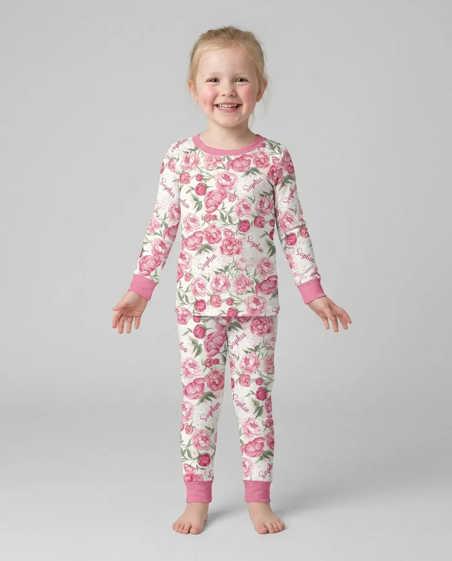 Custom Name Birth Month Flowers Bamboo Two Piece Long Sleeve Pajama Set