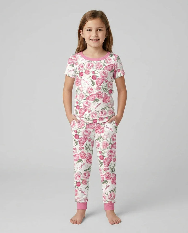 Custom Name Birth Month Flowers Bamboo Two Piece Short Sleeve Pajama Set