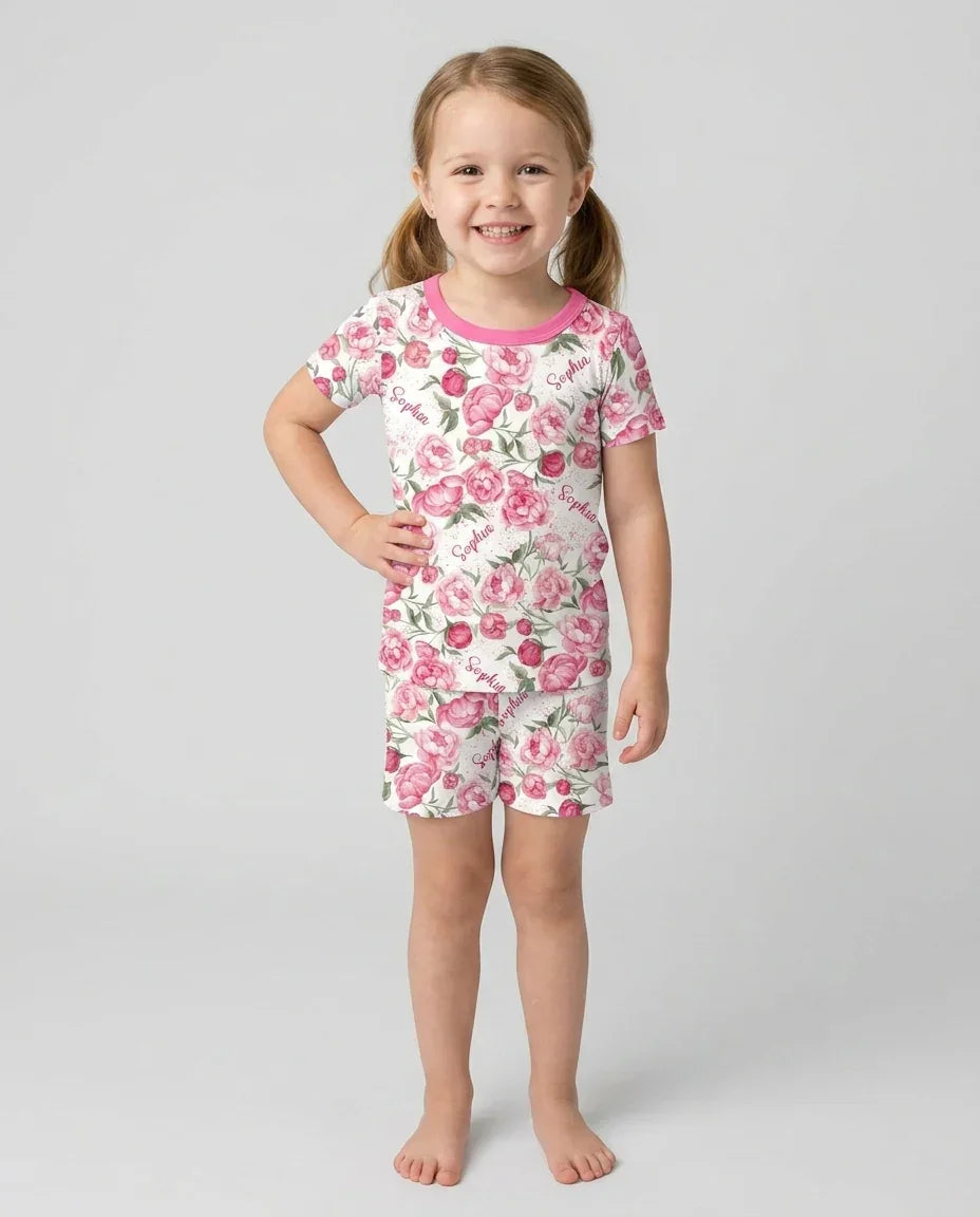 Custom Name Birth Month Flowers Bamboo Two Piece Short Sleeve Shorts Pajama Set