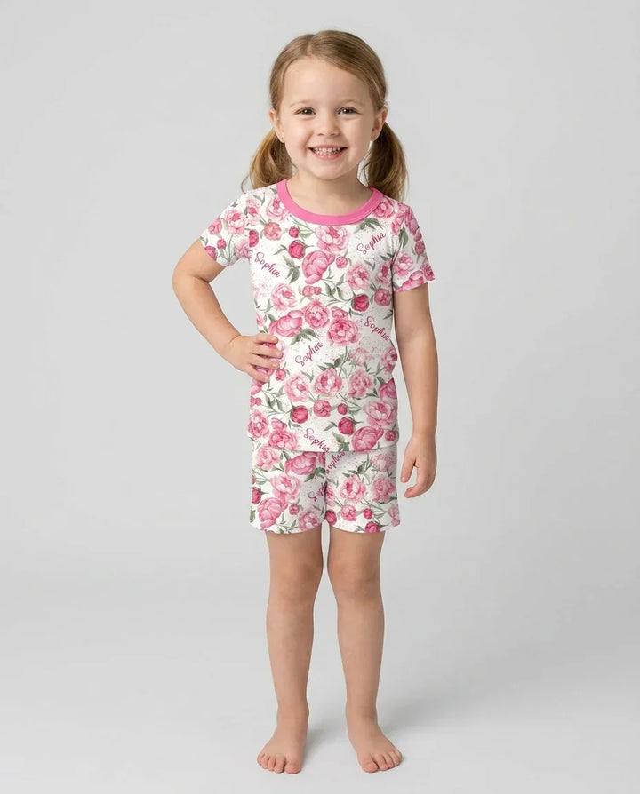 Custom Name Birth Month Flowers Bamboo Two Piece Short Sleeve Shorts Pajama Set